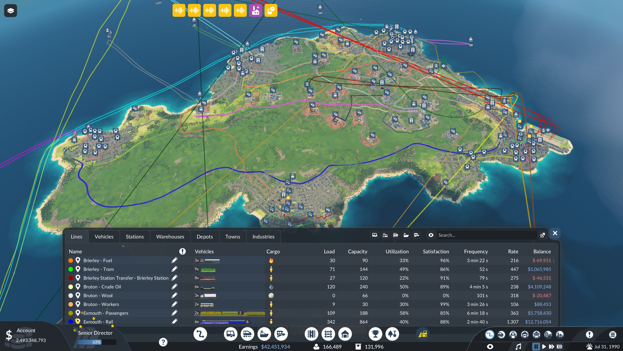 The lines overview panel in Transport Fever 3: every line with its vehicles, cargo, utilization, satisfaction, frequency, and running balance