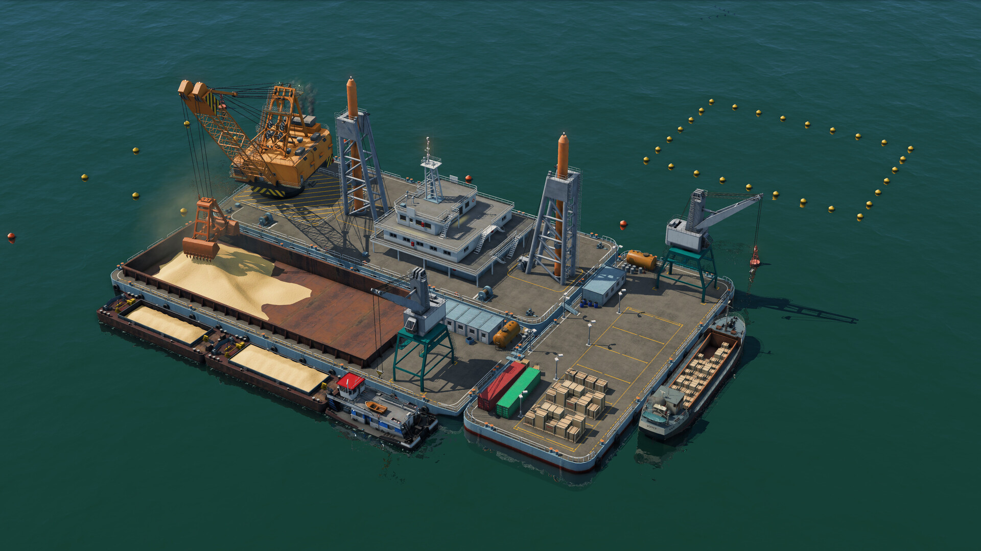 An offshore sea cargo hub with cranes loading bulk goods onto barges and cargo ships